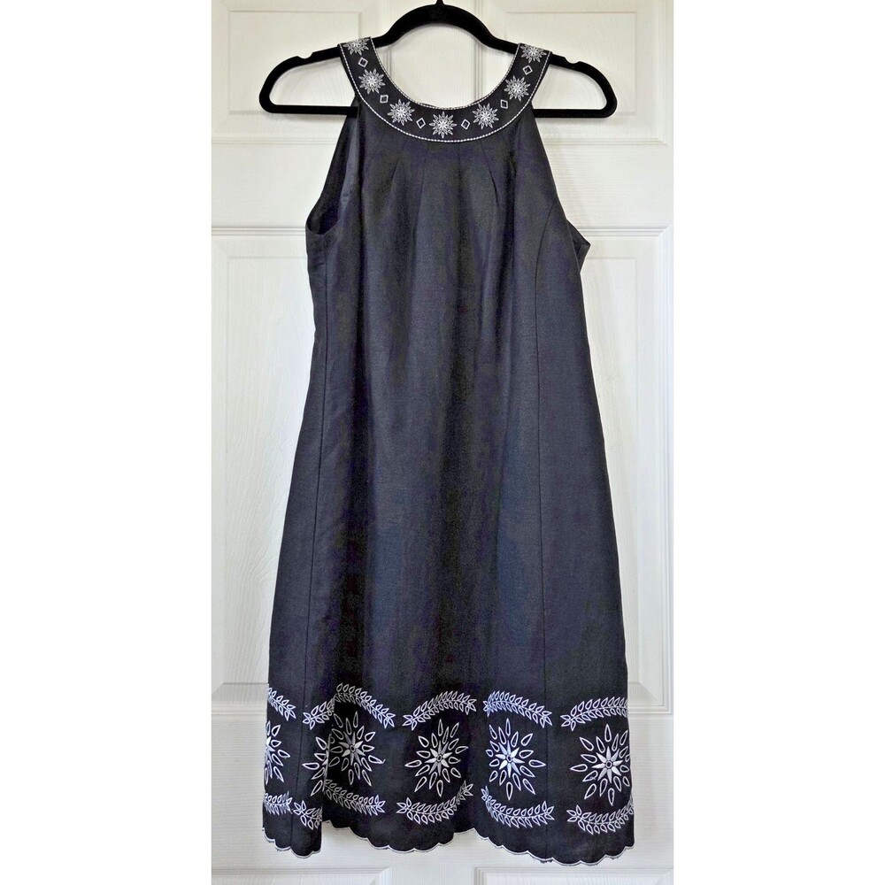 WILLOW GLENN Black Linen Blend Sleeveless Dress Embroidered Women's Size 8